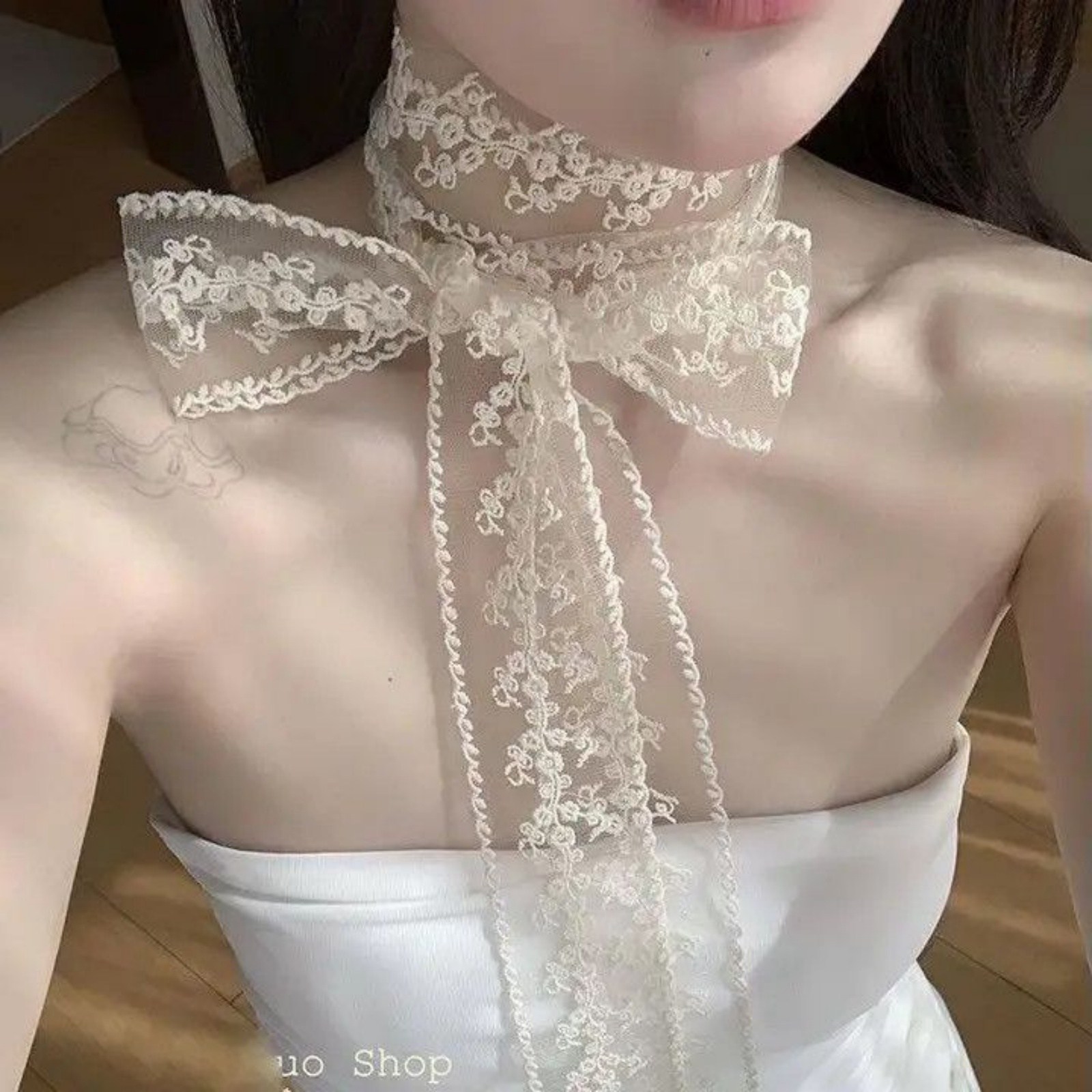 Korean Ins White Lace Ribbon S - Ascot Neck Scarf ulasan dan harga