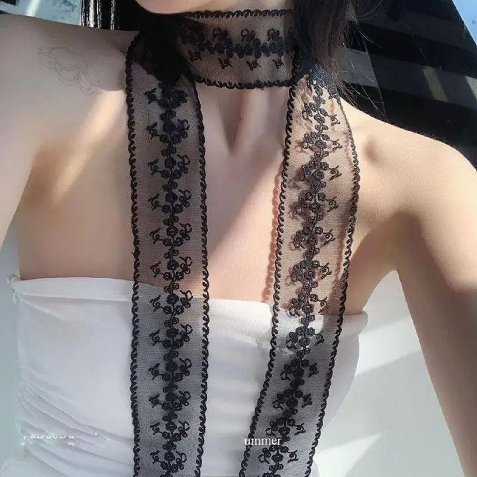 Korean Ins White Lace Ribbon S - Ascot Neck Scarf ulasan dan harga
