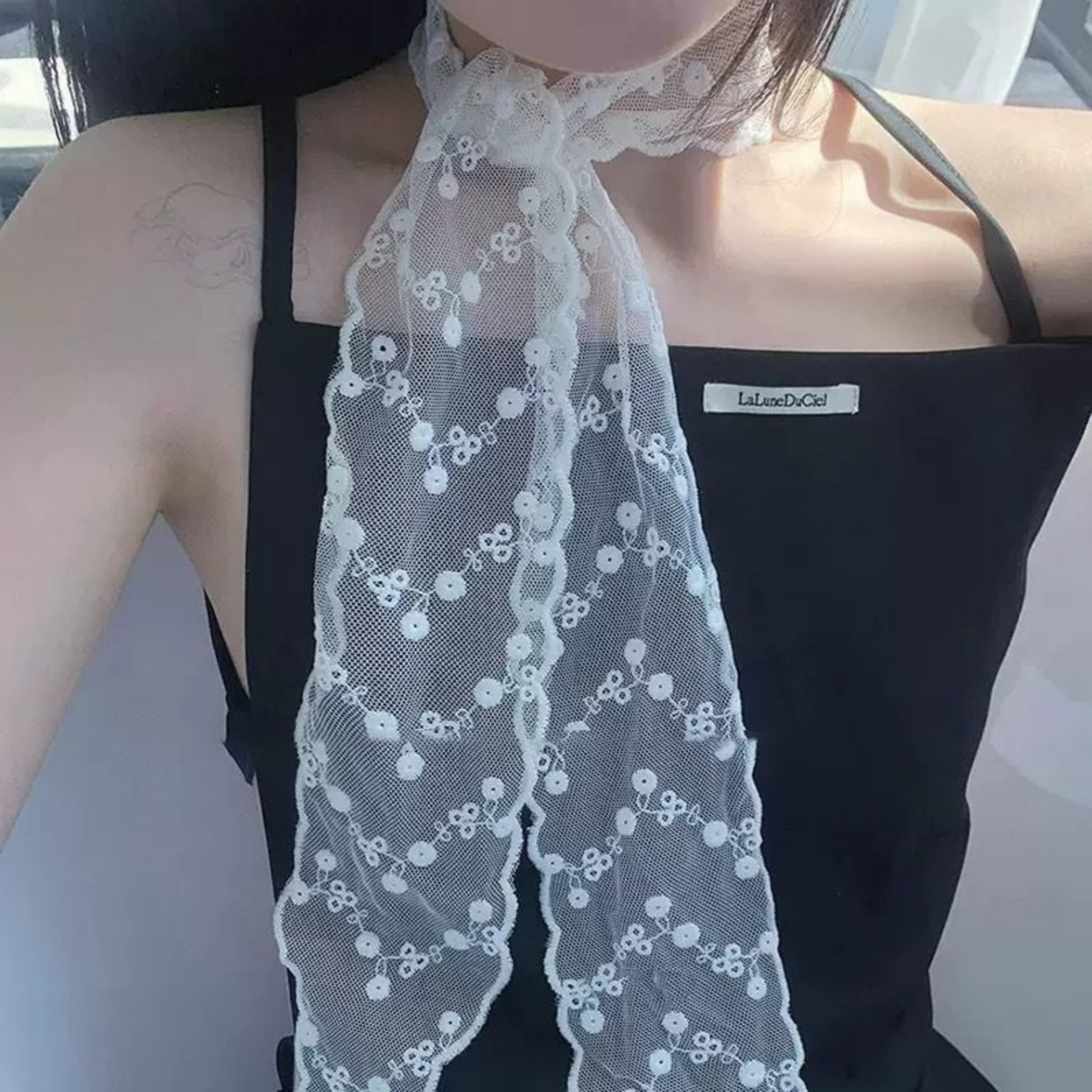 Korean Ins White Lace Ribbon S - Ascot Neck Scarf ulasan dan harga