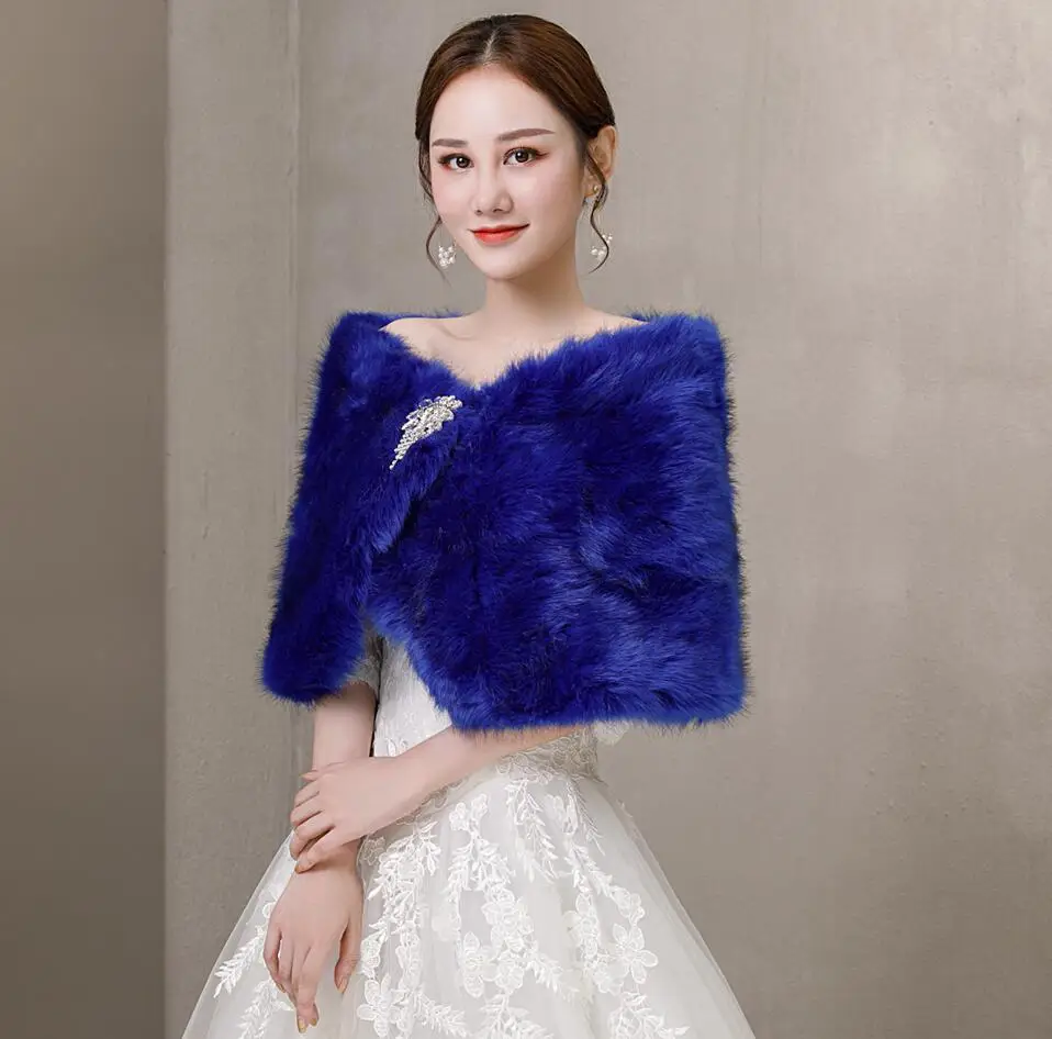 Blue Faux Fur Crystal Brooch W - Stole Wedding Shawl ulasan dan harga