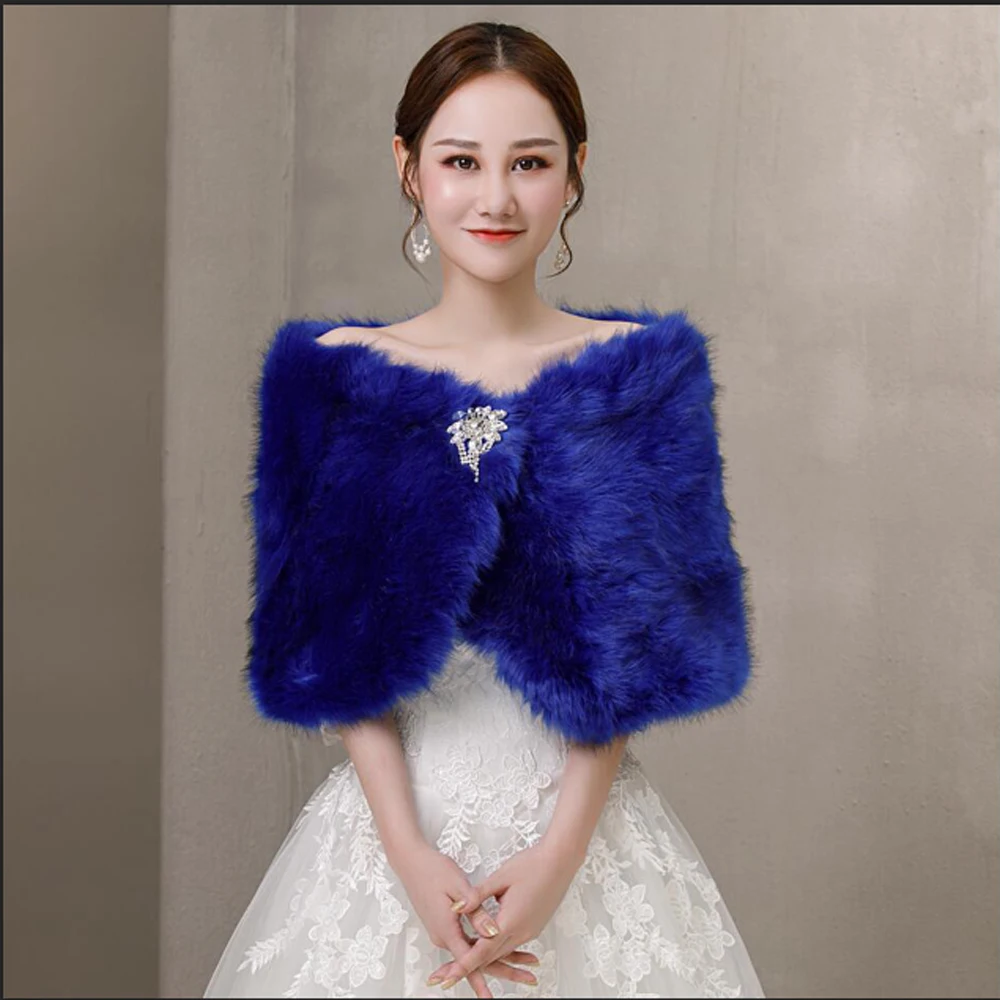 Blue Faux Fur Crystal Brooch W - Stole Wedding Shawl ulasan dan harga
