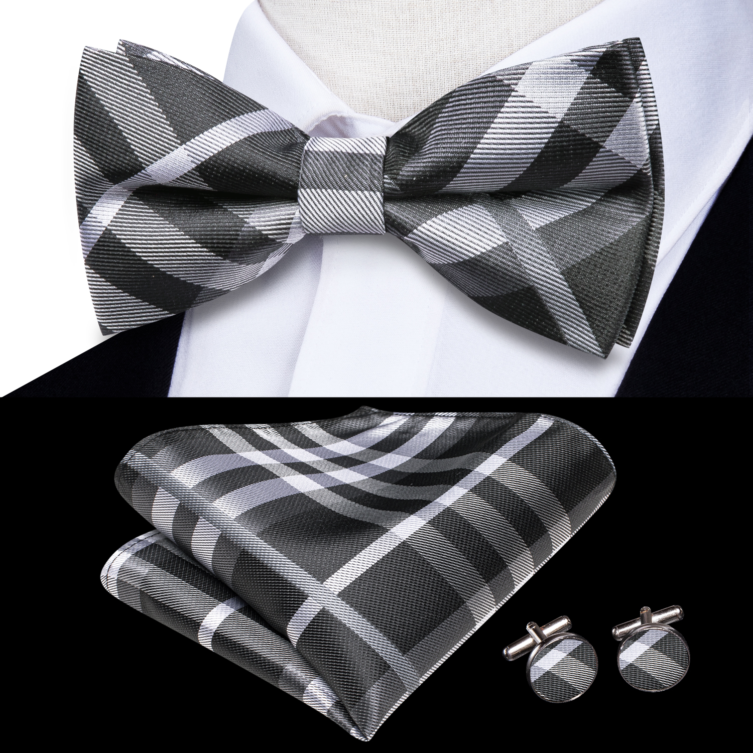 Hi-Tie Grey Plaid Jacquard Pre - Bow Tie Pre Tied ulasan dan harga